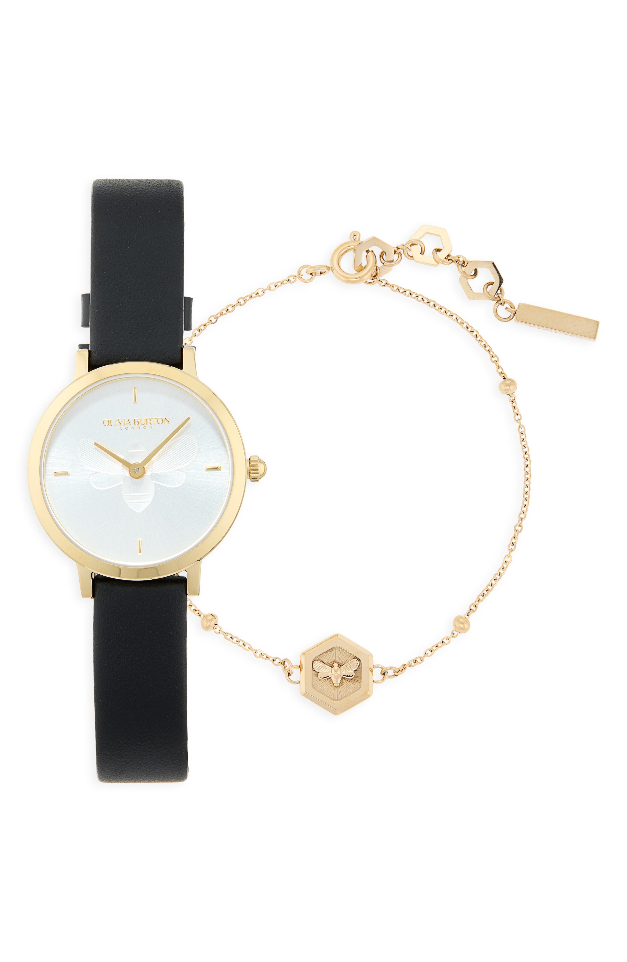 Minima Bee Leather Strap Watch, 28mm & Charm Bracelet Set