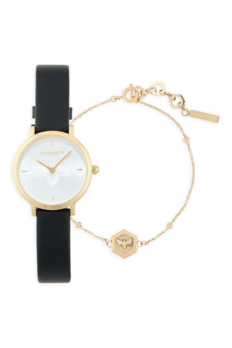 Minima Bee Leather Strap Watch, 28mm & Charm Bracelet Set, Main, color, SILVER WHITE