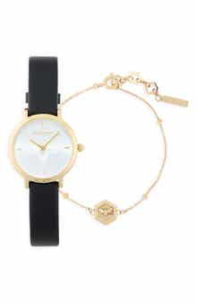 Minima Bee Leather Strap Watch, 28mm & Charm Bracelet Set