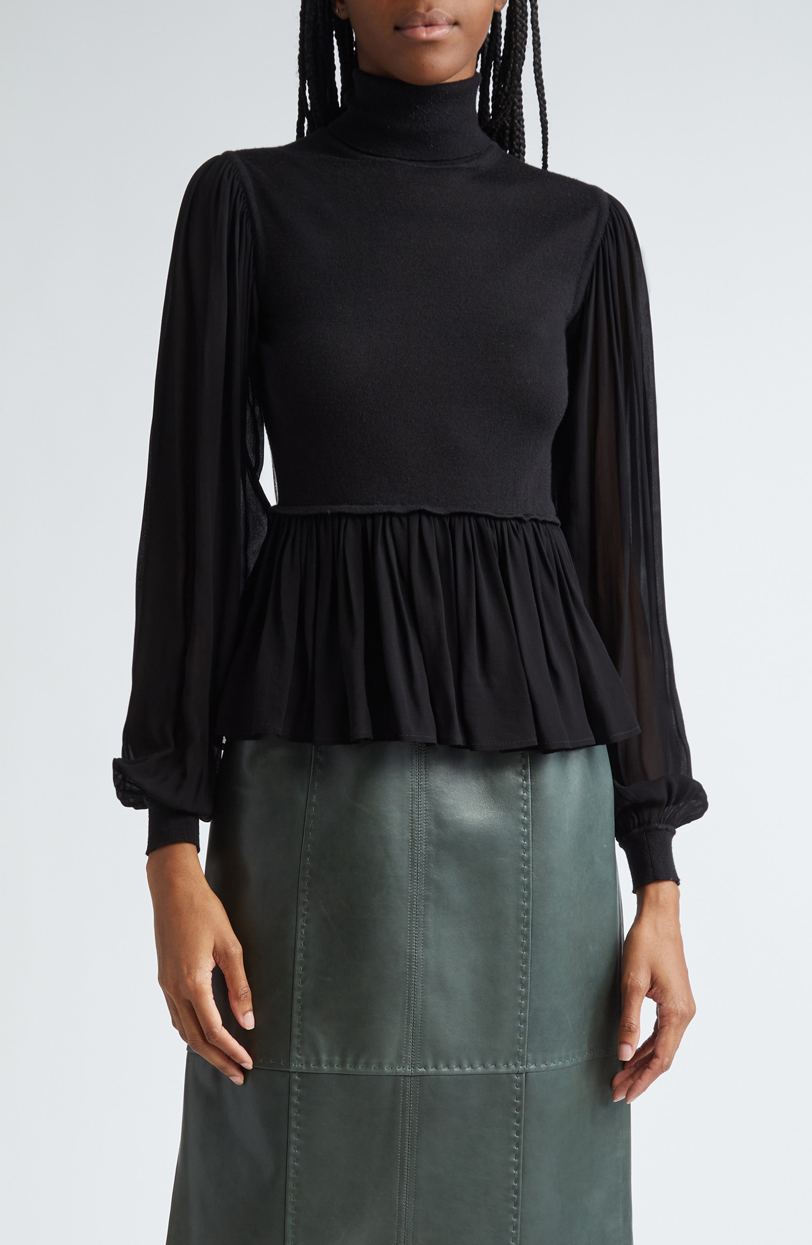 Ulla Johnson Liana Mix Media Balloon Sleeve Peplum Turtleneck