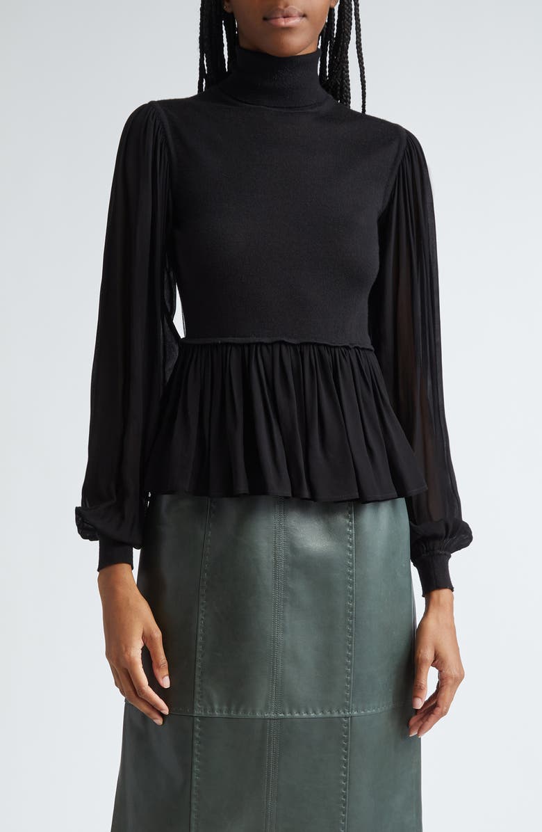 Ulla Johnson Liana Mix Media Balloon Sleeve Peplum Turtleneck, Main, color, 