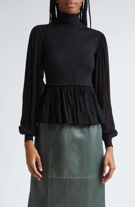 Ulla Johnson Liana Mix Media Balloon Sleeve Peplum Turtleneck