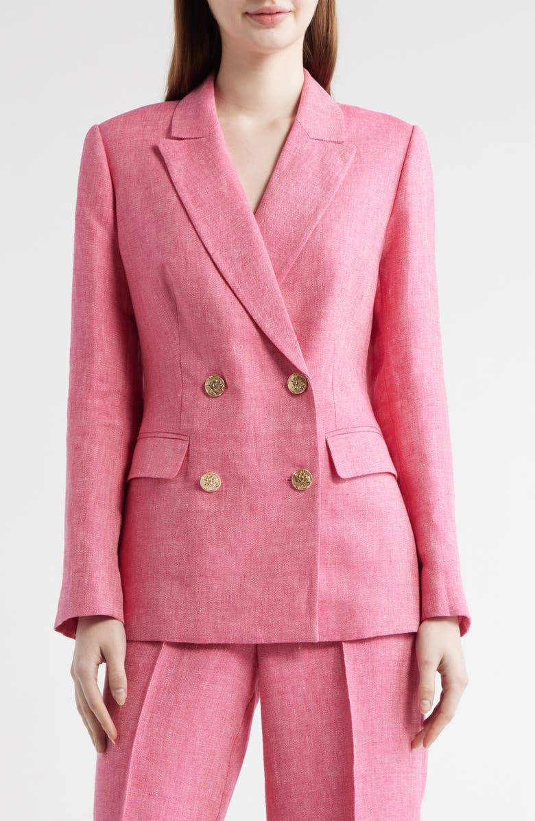 Elie Tahari The Kenna Double Breasted Linen Blazer, Alternate, color, Plum Rose