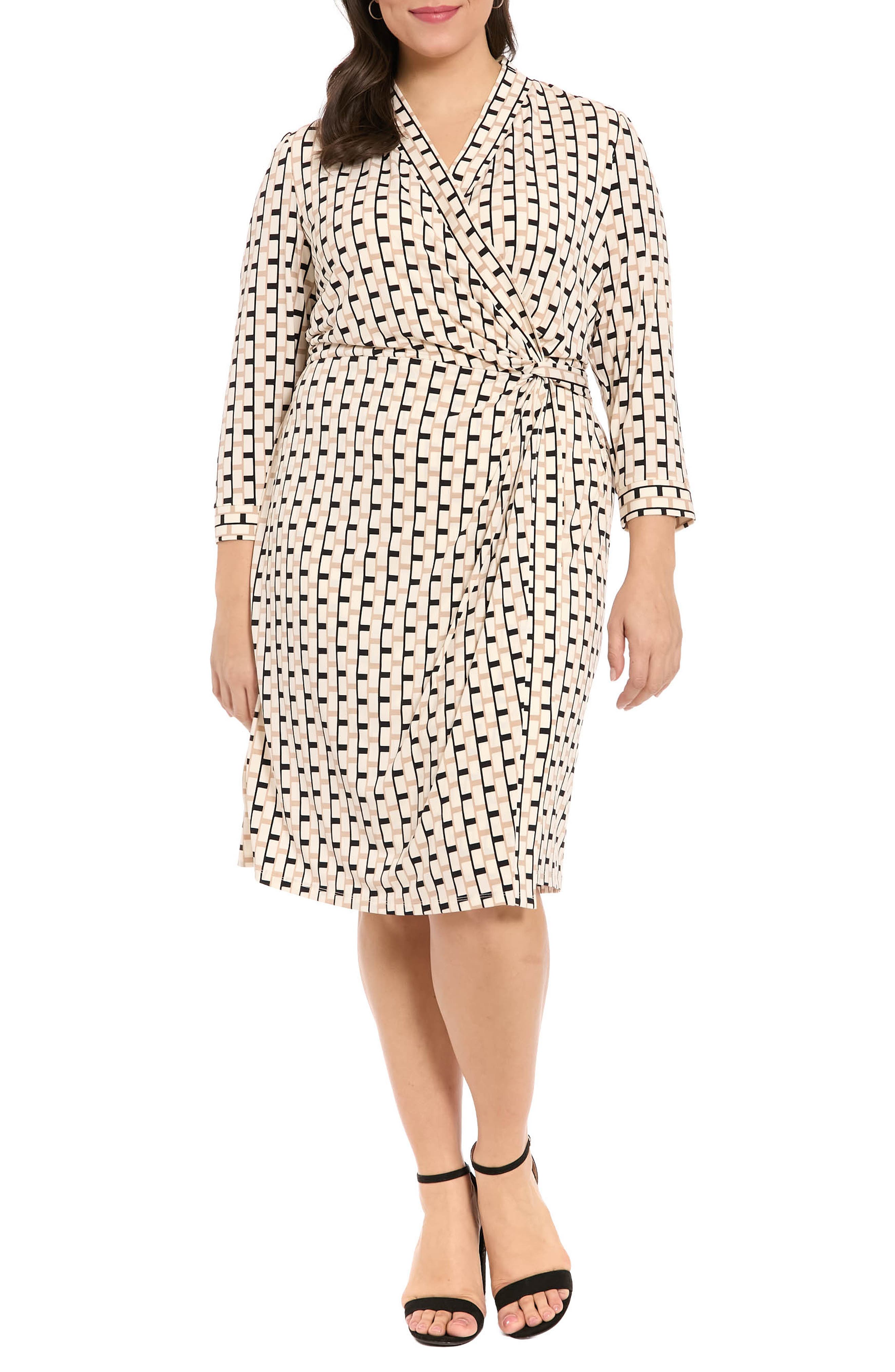 London Times Geometric Print Faux Wrap Dress