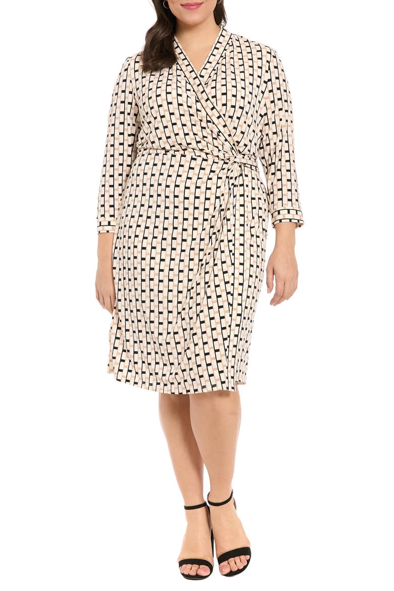 Geometric Print Faux Wrap Dress, Main, color, BLACK/ CREAM