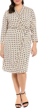 London Times Geometric Print Faux Wrap Dress