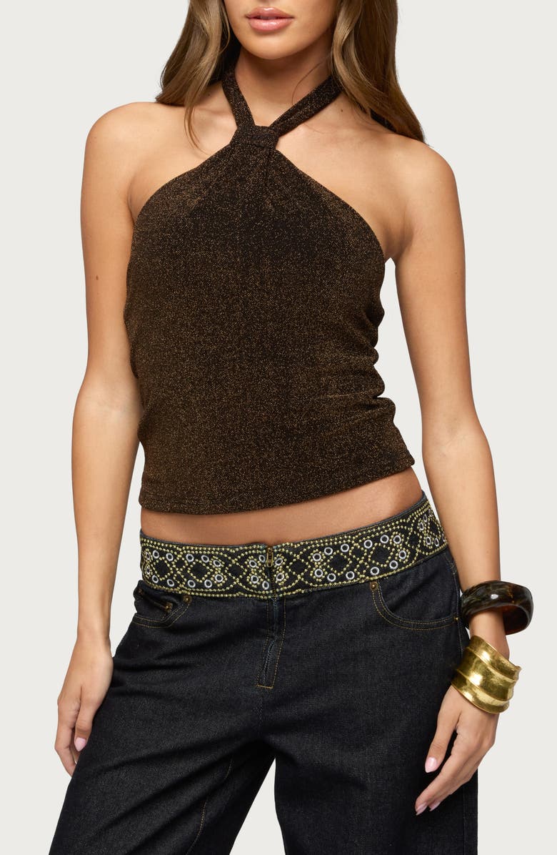 EDIKTED Katalya Glitter Halter Top, Main, color, Brown