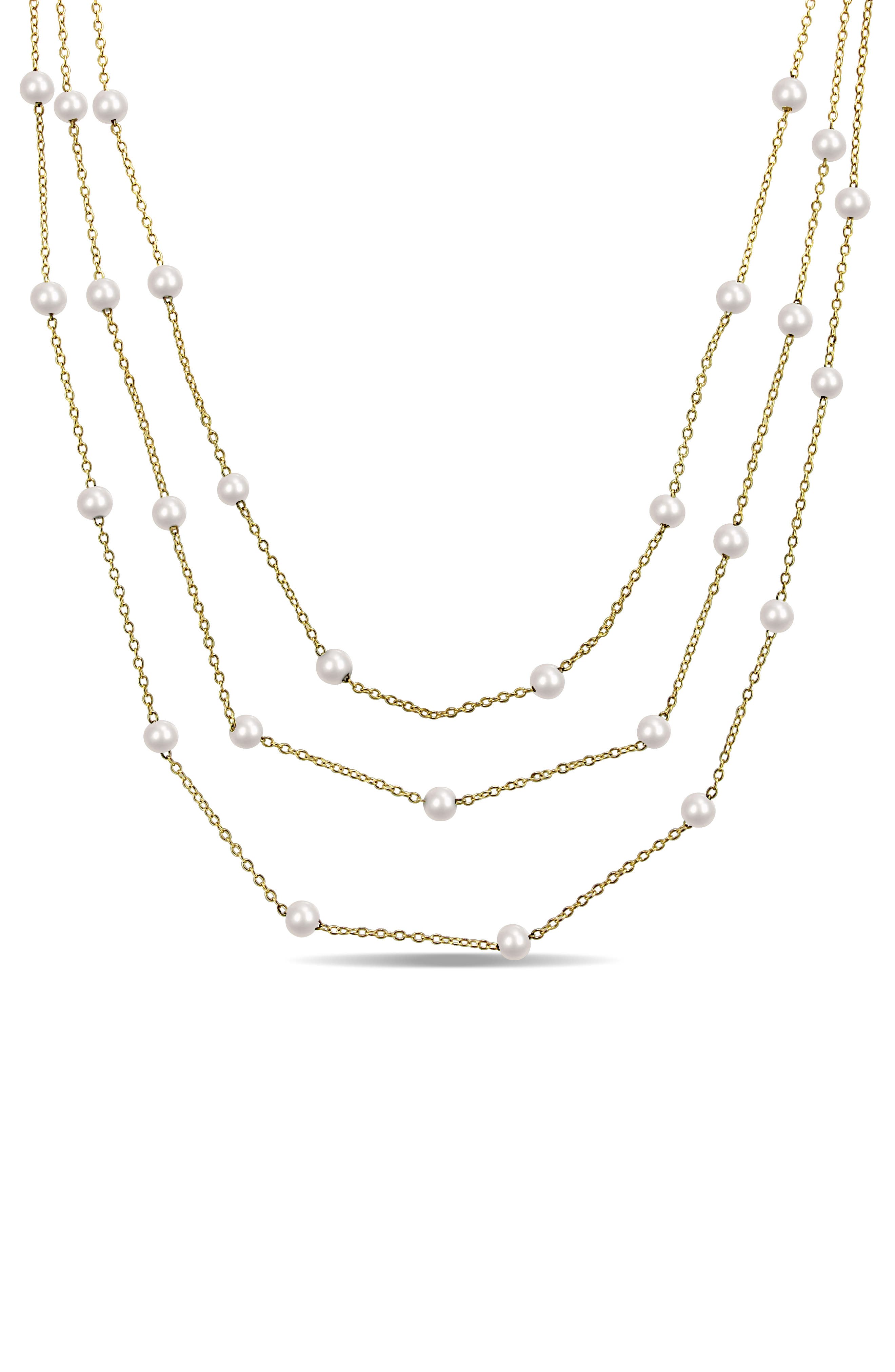 DELMAR Cultured White Pearl Station Chain Layered Necklace