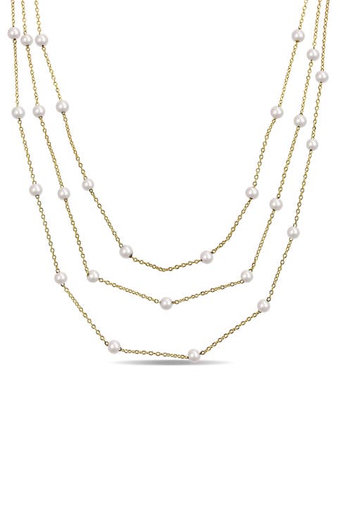 Cultured White Pearl Station Chain Layered Necklace