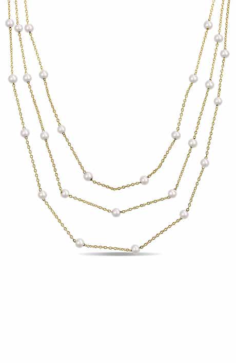 DELMAR Cultured White Pearl Station Chain Layered Necklace