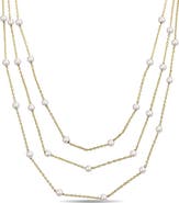 DELMAR Cultured White Pearl Station Chain Layered Necklace