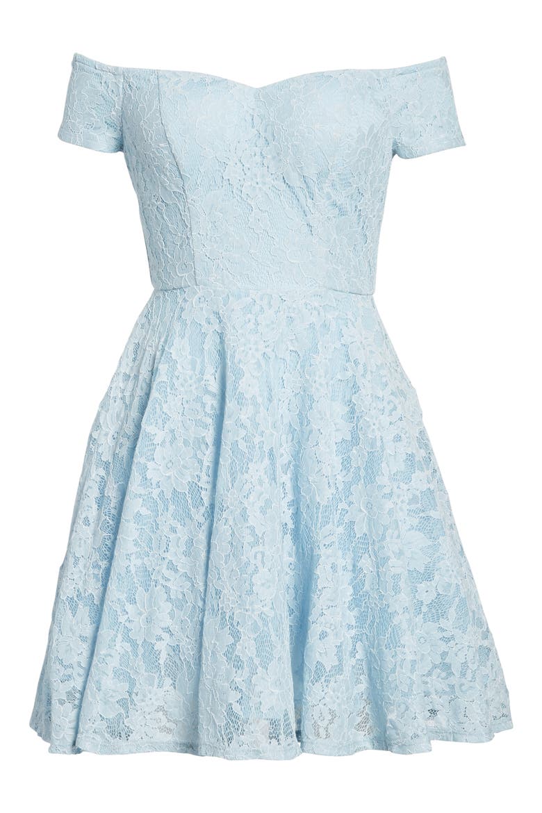 Lace Off the Shoulder Fit & Flare Dress, Alternate, color, WASHED BLUE