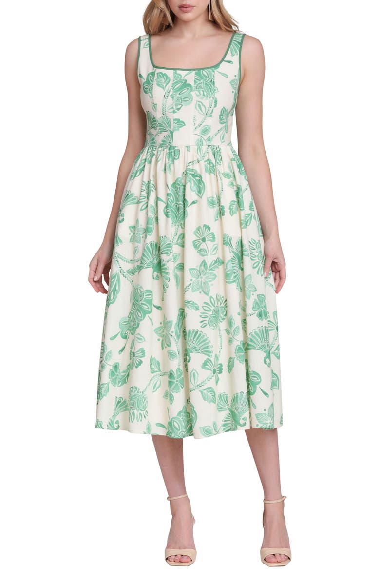 Avec Les Filles Floral Print Panel Midi Dress, Main, color, Parrot Fan