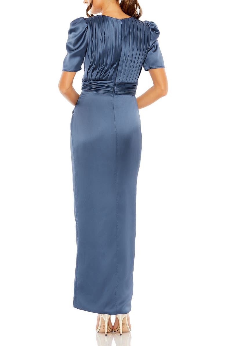 Mac Duggal Pleated Charmeuse Dress with Puff Sleeves and Draped Waist, Alternate, color, Midnight