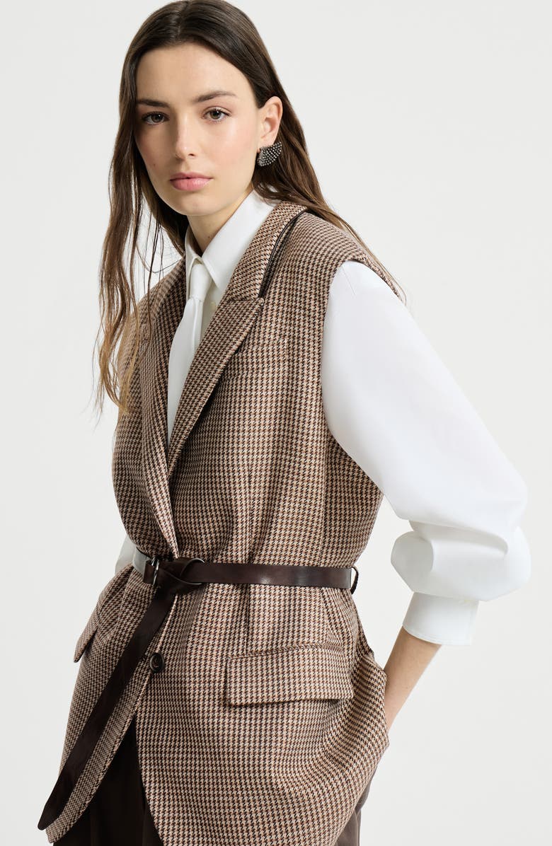 Brunello Cucinelli Sparkling houndstooth vest, Alternate, color, Brown