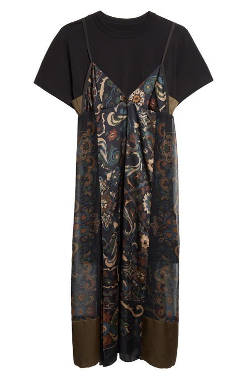 Sacai Floral Print Slipdress Overlay T-shirt Dress In Black
