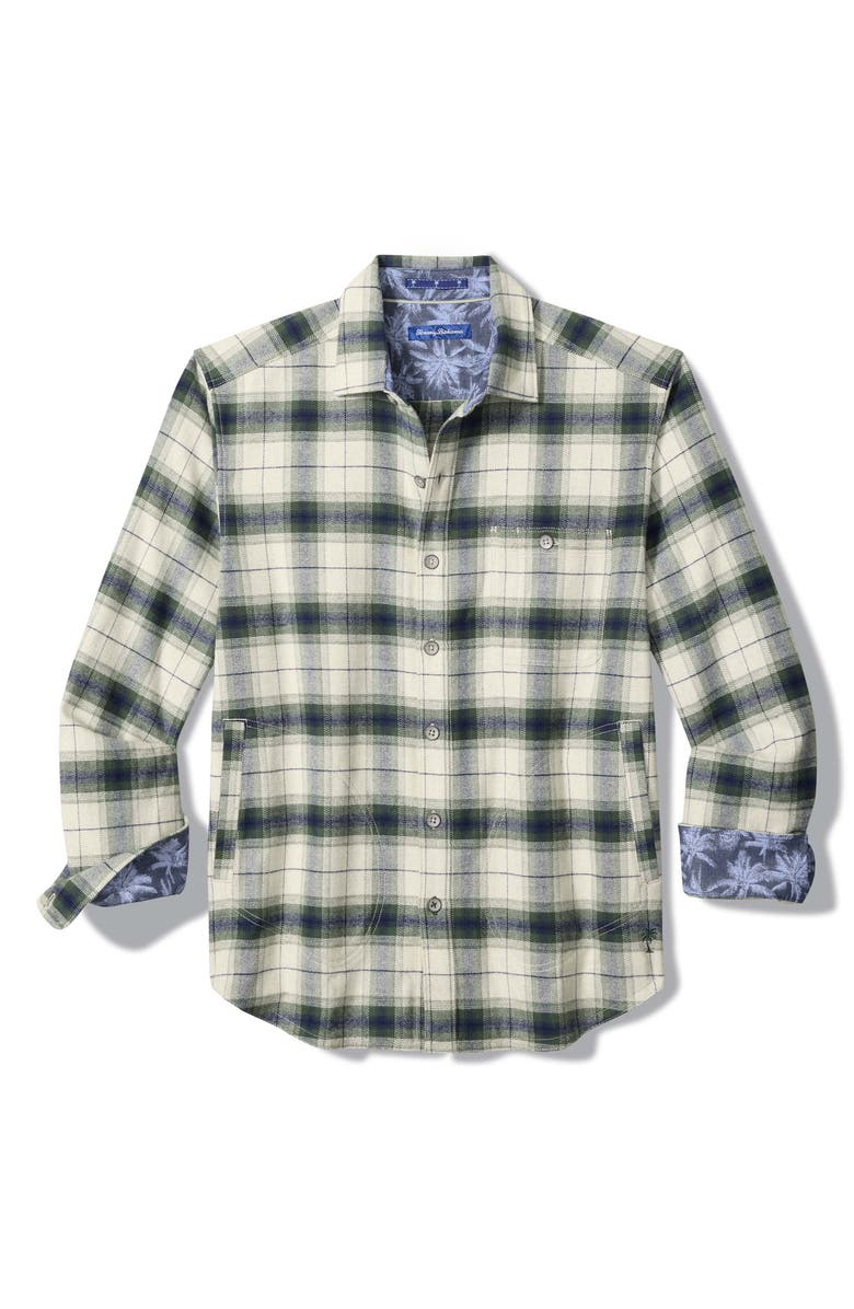 Tommy Bahama Shaw Island Plaid Cotton Flannel Shirt Jacket, Main, color, Dark Jade