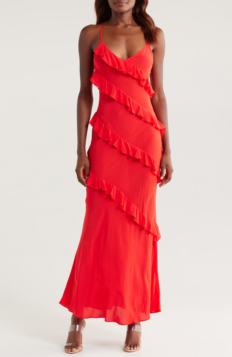 Good American Bias Cut Ruffle Chiffon Slipdress, Main, color, Grenadine003