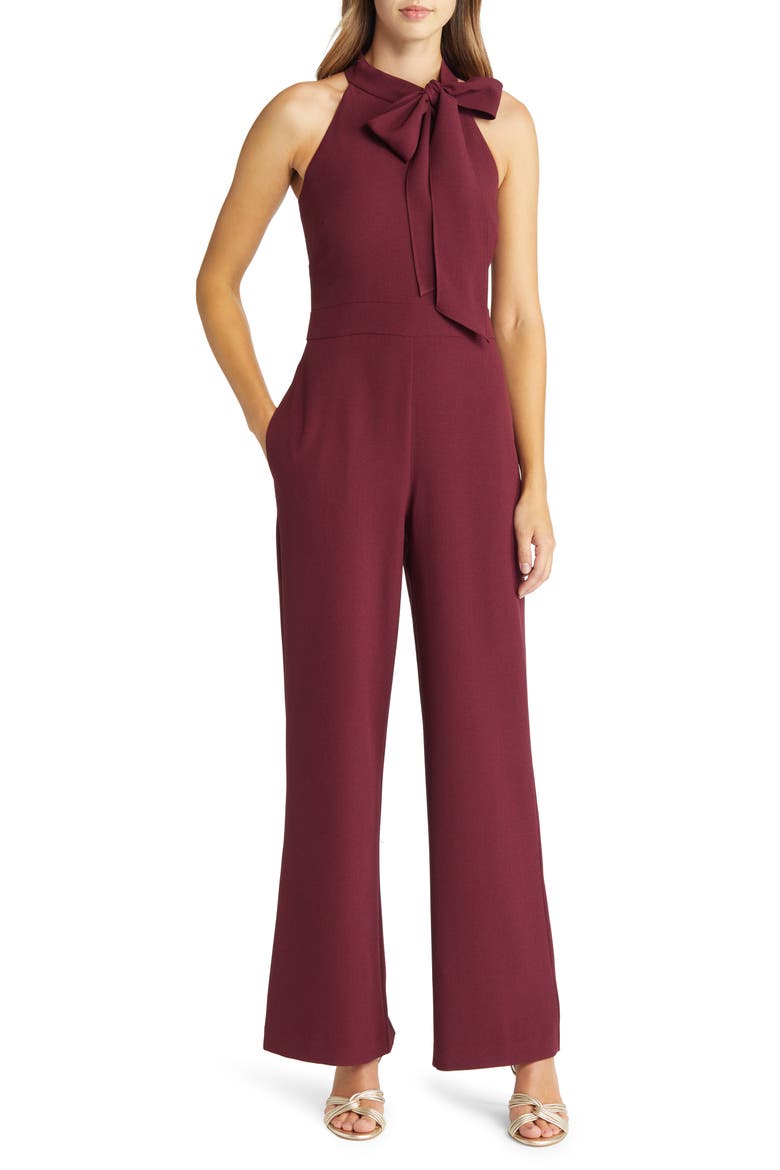 Bow Neck Stretch Crepe Jumpsuit, Main, color, MERLOT