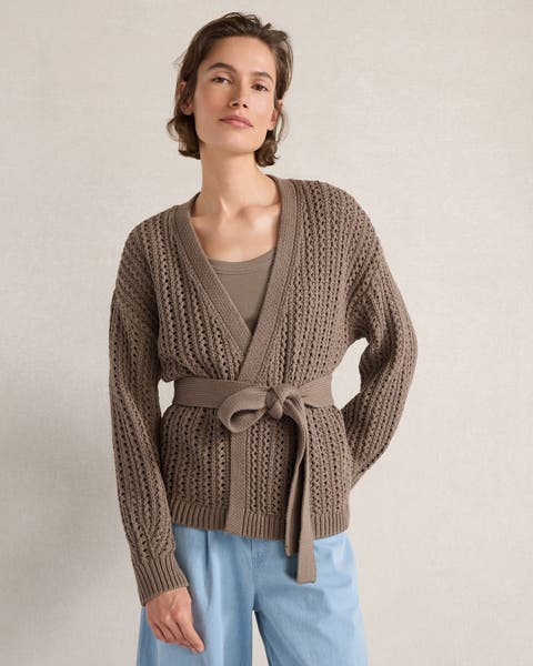Textured Cotton Blend Belted Cardigan