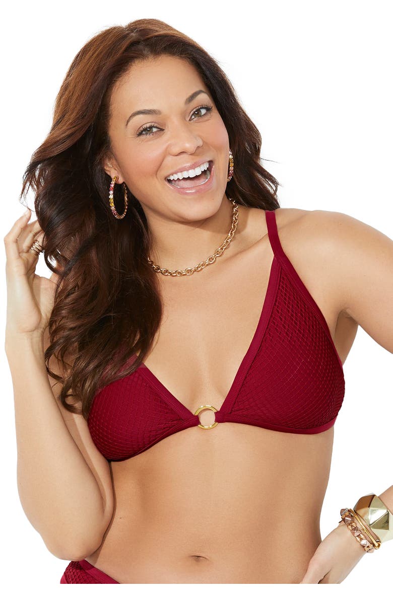 Swimsuits for All O-Ring Knit Mesh Overlay Bikini Top, Main, color, Maroon