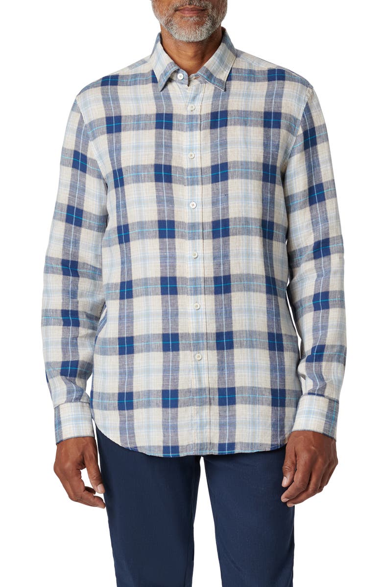 Bugatchi Julian Shaped Fit Plaid Linen Button-Up Shirt, Main, color, Sand