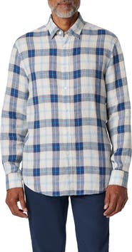 Bugatchi Julian Shaped Fit Plaid Linen Button-Up Shirt