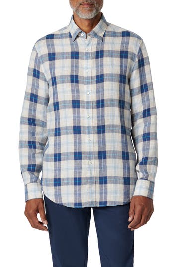 Bugatchi Julian Shaped Fit Plaid Linen Button-up Shirt In Sand