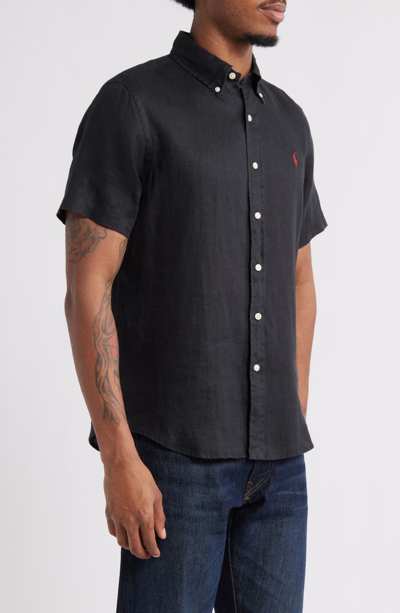 Polo Ralph Lauren Solid Black Short Sleeve Linen Button-Down Shirt, Alternate, color, 