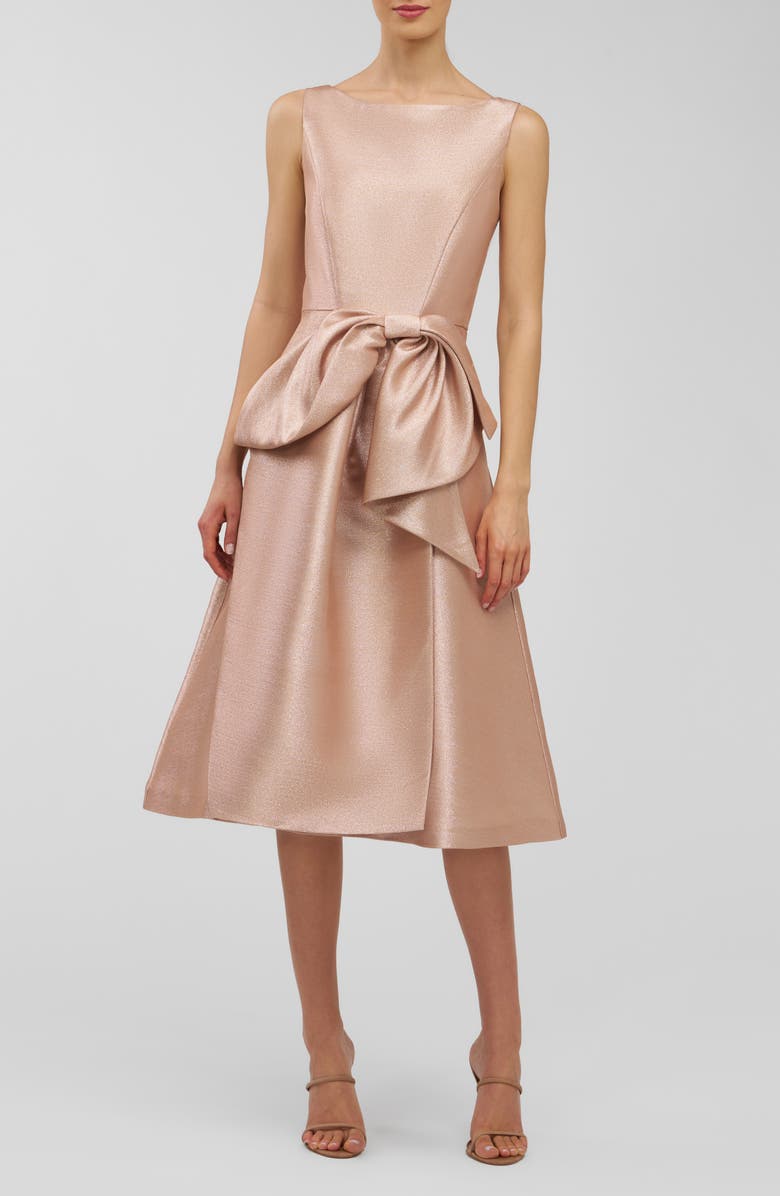 Kay Unger Lillian Metallic Bow Detail Cocktail Midi Dress, Main, color, Gold