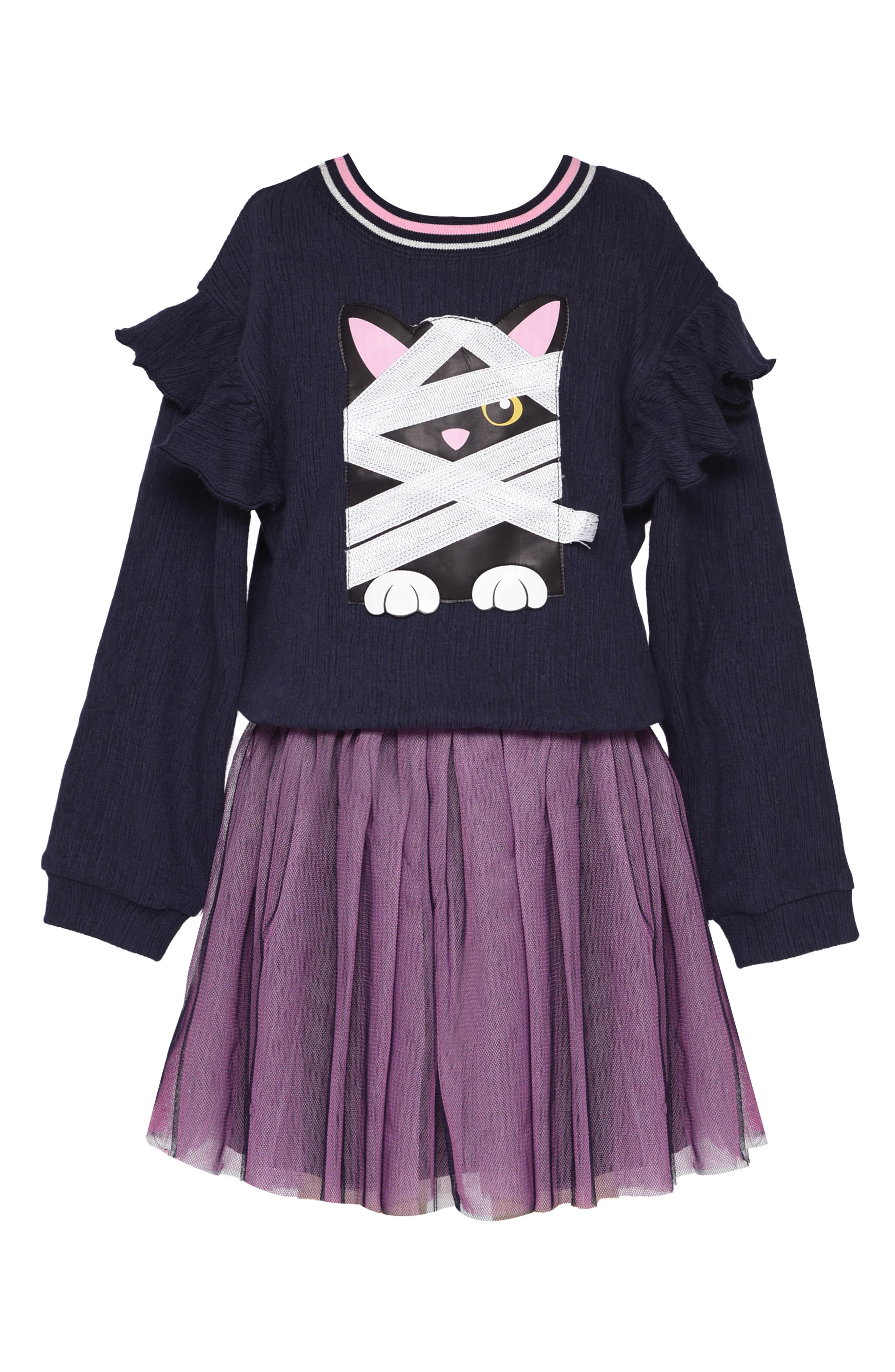 Truly Me Kids' Kitty Mummy Long Sleeve Dress in Navy Multi 