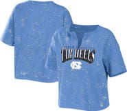 WEAR by Erin Andrews Women's WEAR by Erin Andrews Carolina Blue North Carolina Tar Heels Bleach Wash Splatter Cropped Notch Neck T-Shirt