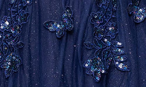 Blondie Nites Off The Shoulder Sequin 3d Embellished Tulle Gown In Blue