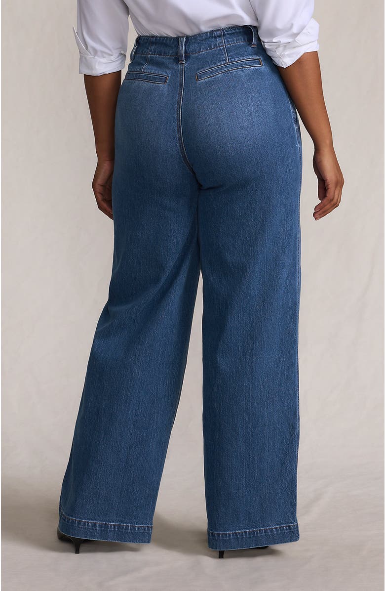 Lands' End Petite Soft Denim High Rise Wide Leg Top Stitch Trousers, Alternate, color, Indigo Tide Blue