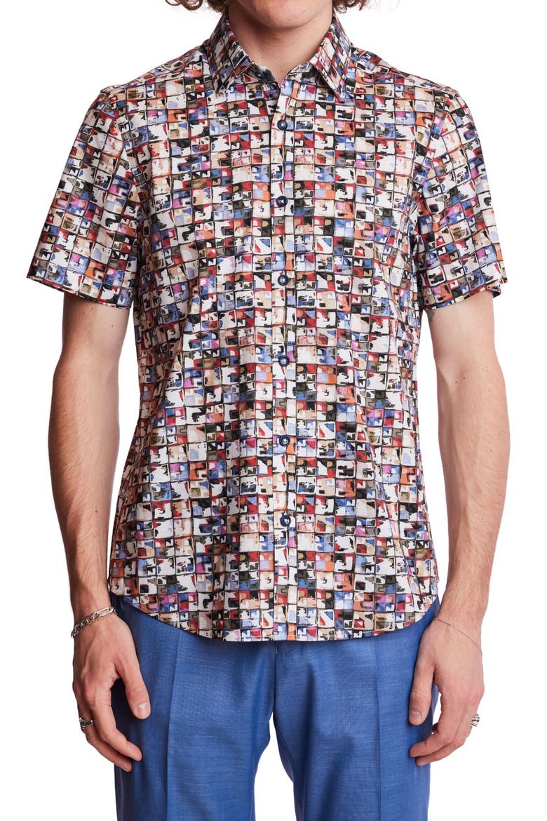 Sawyer Trim Fit Square Short Sleeve Button-Up Shirt, Main, color, IVORY/ BLUE MULTI