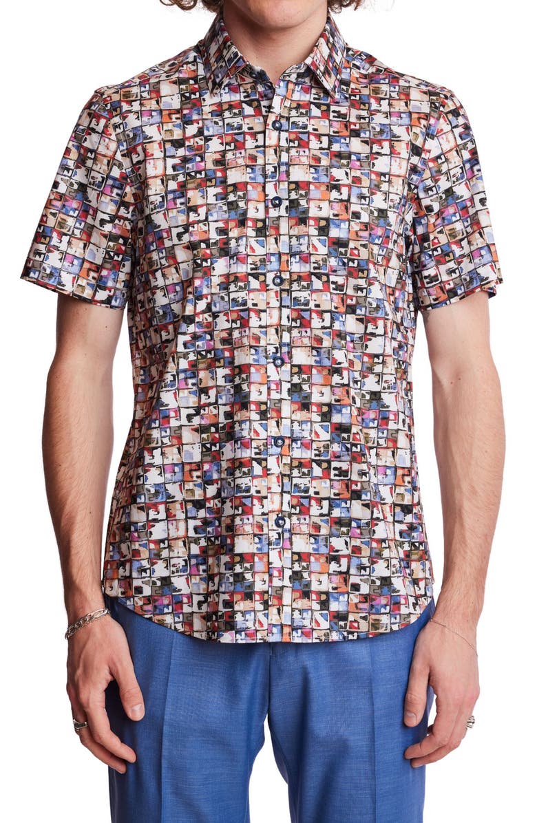 PAISLEY & GRAY Sawyer Trim Fit Square Short Sleeve Button-Up Shirt, Main, color, Ivory/ Blue Multi