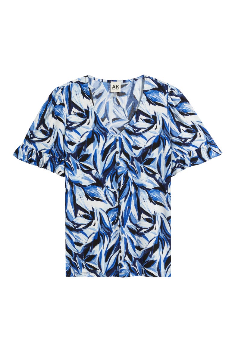 Ruffle Accent Short Sleeve Button-Up Shirt, Alternate, color, ANNE BLACK MULTI