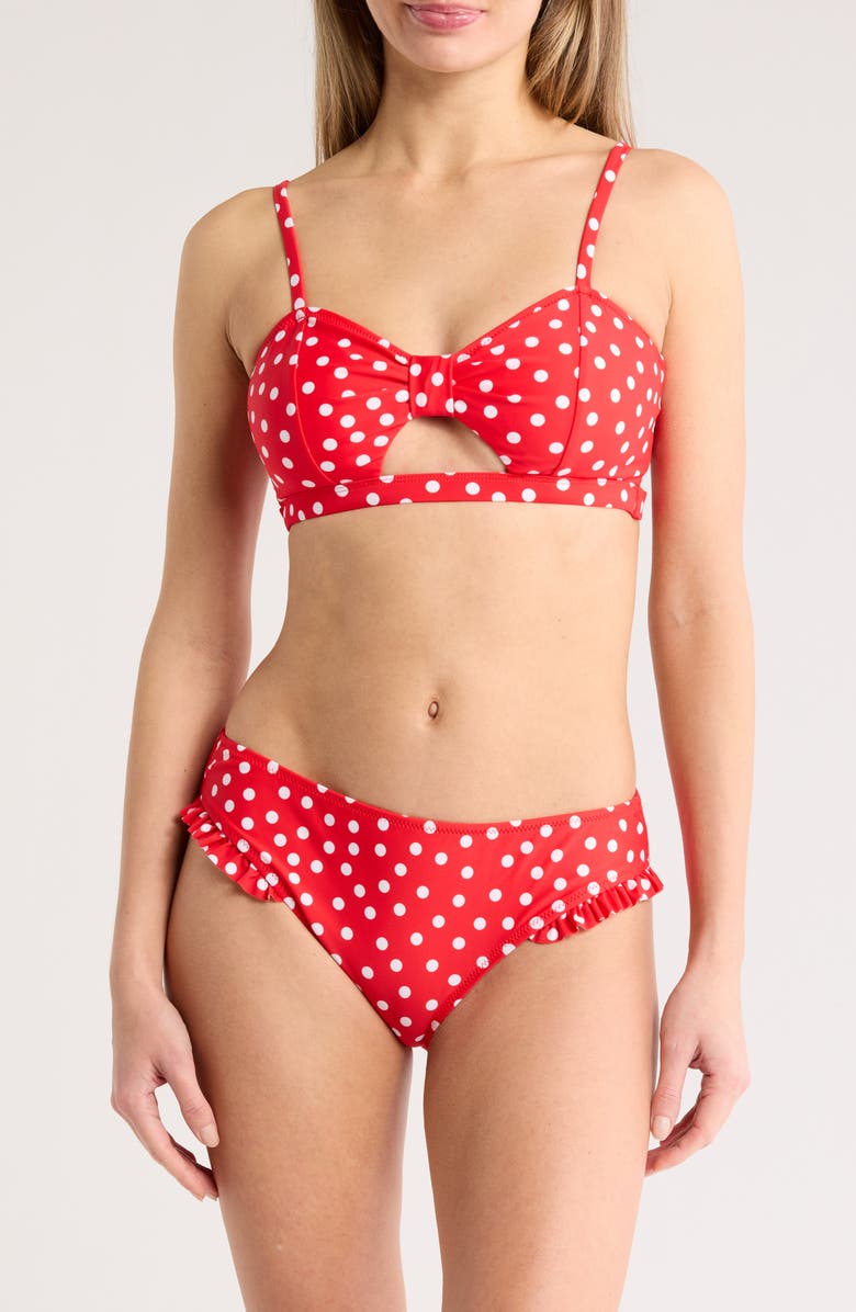 Cupshe Polka Dot Cutout Bikini Top & Ruffled Bottoms Set, Main, color,