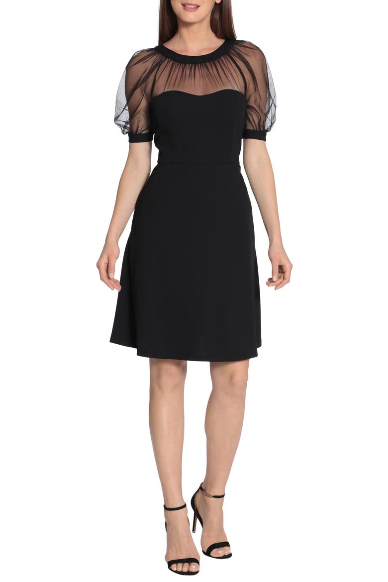 Mesh Illusion Short Sleeve Dress, Main, color, BLACK