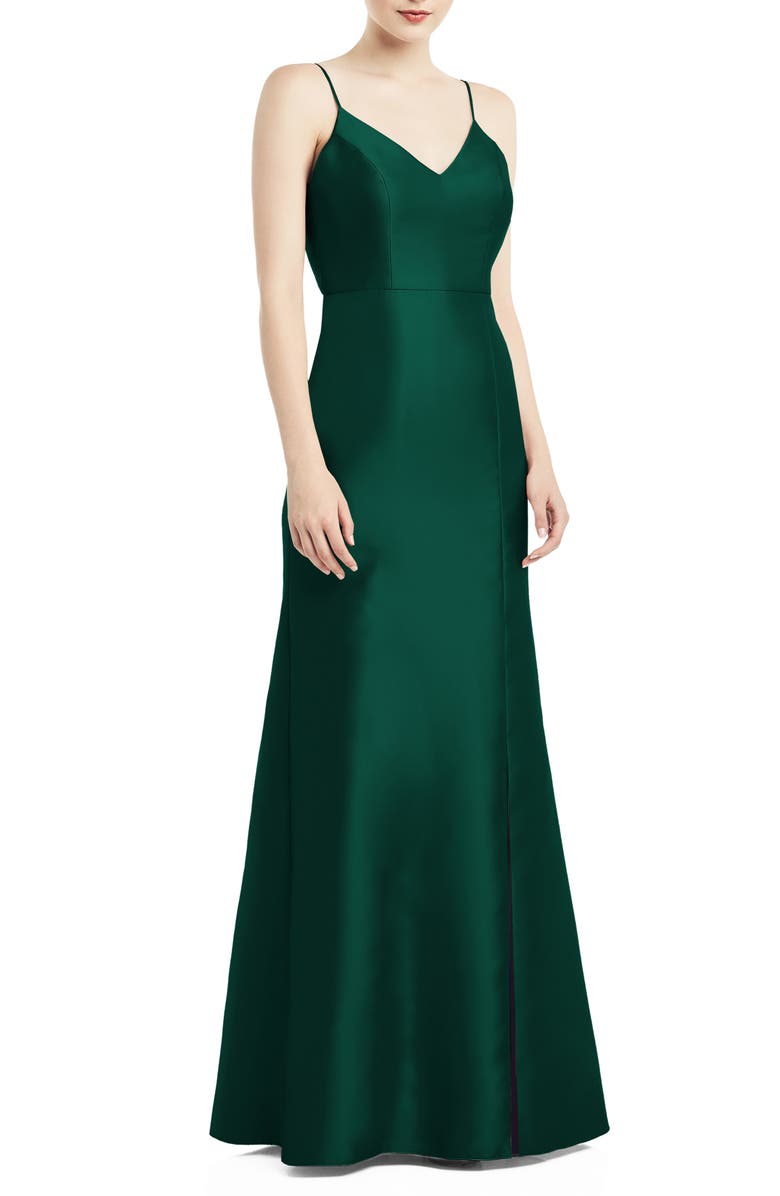 Alfred Sung Bow Back Satin Twill Trumpet Gown, Main, color, 