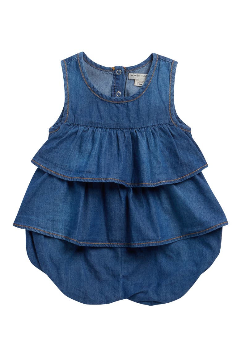 Tiered Cotton Denim Bubble Romper, Main, color, DENIM
