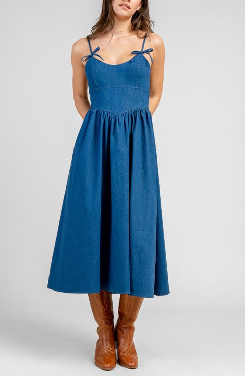 Tie Denim Midi Dress