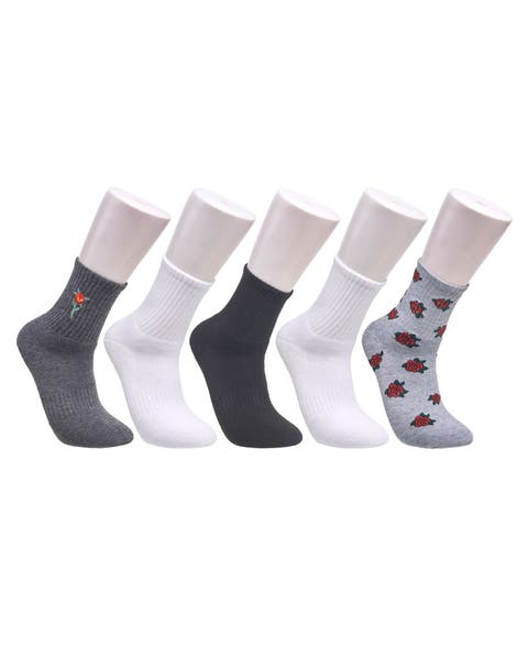 Rose Print Full Cushion Mid Crew Sock 5 Pack