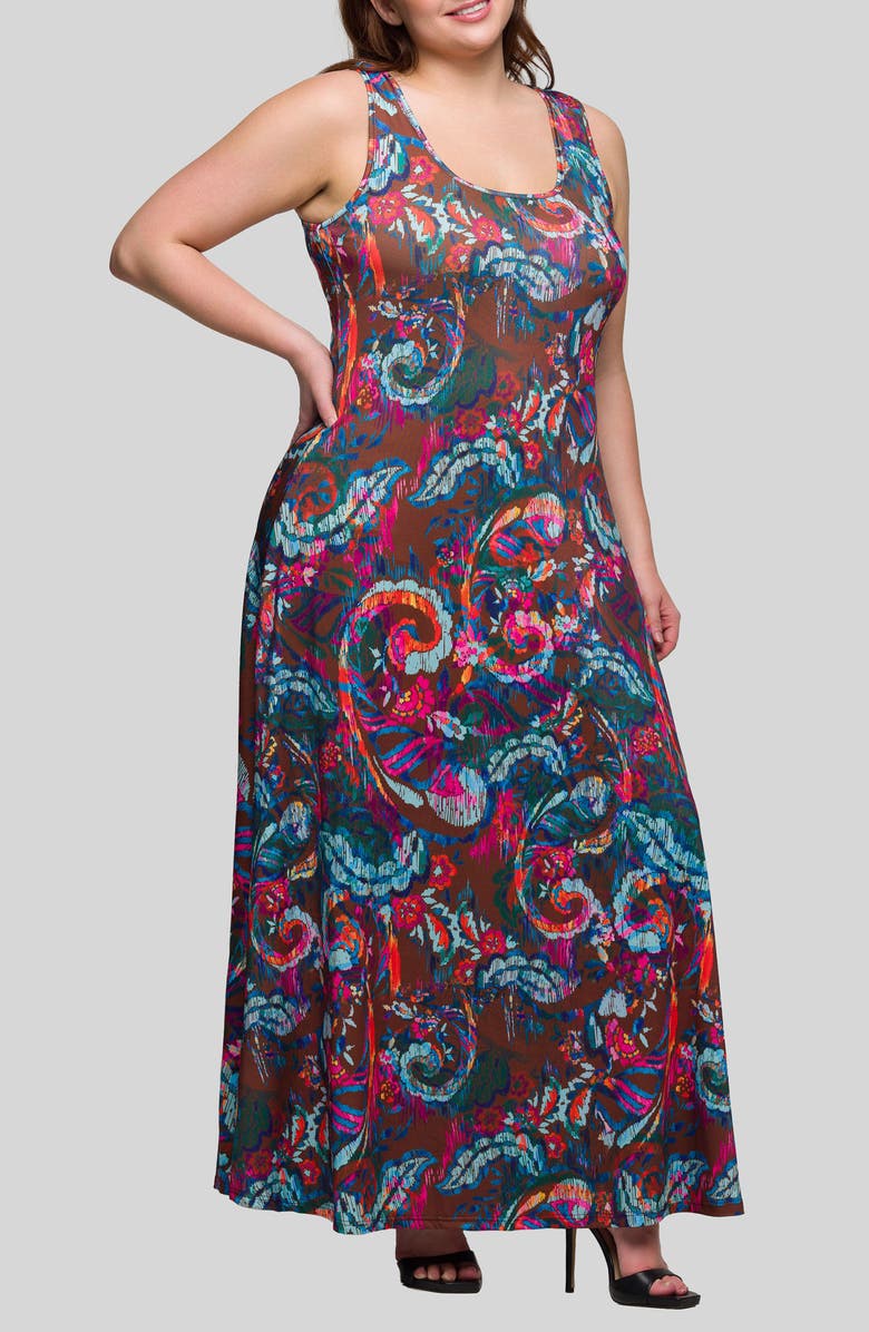 24seven Comfort Apparel Paisley Scoop Neck Knit Maxi Dress, Alternate, color, Brown Multi