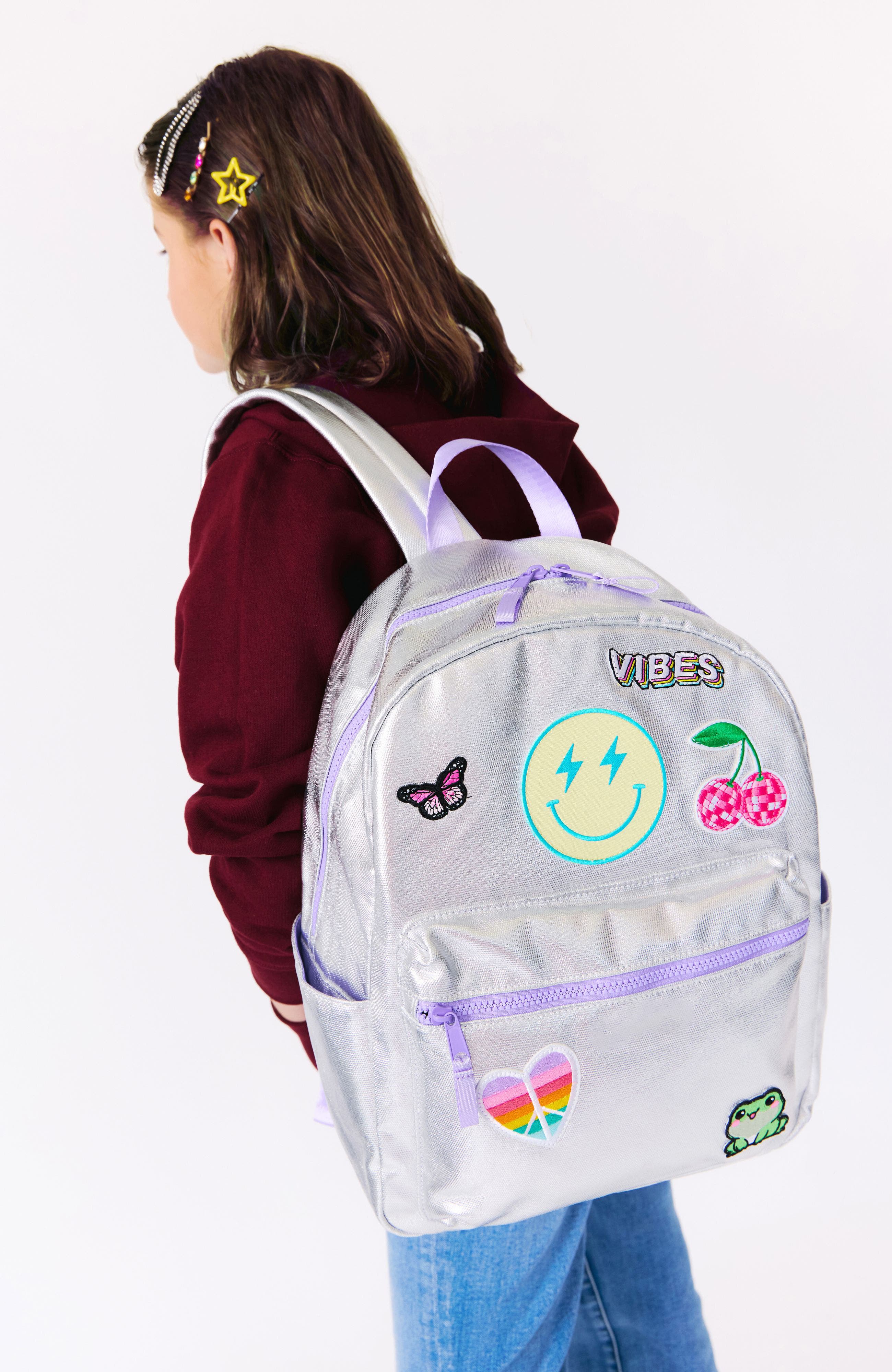 Kids' Metallic Canvas Patch Backpack, Alternate, color, Metallic Multi