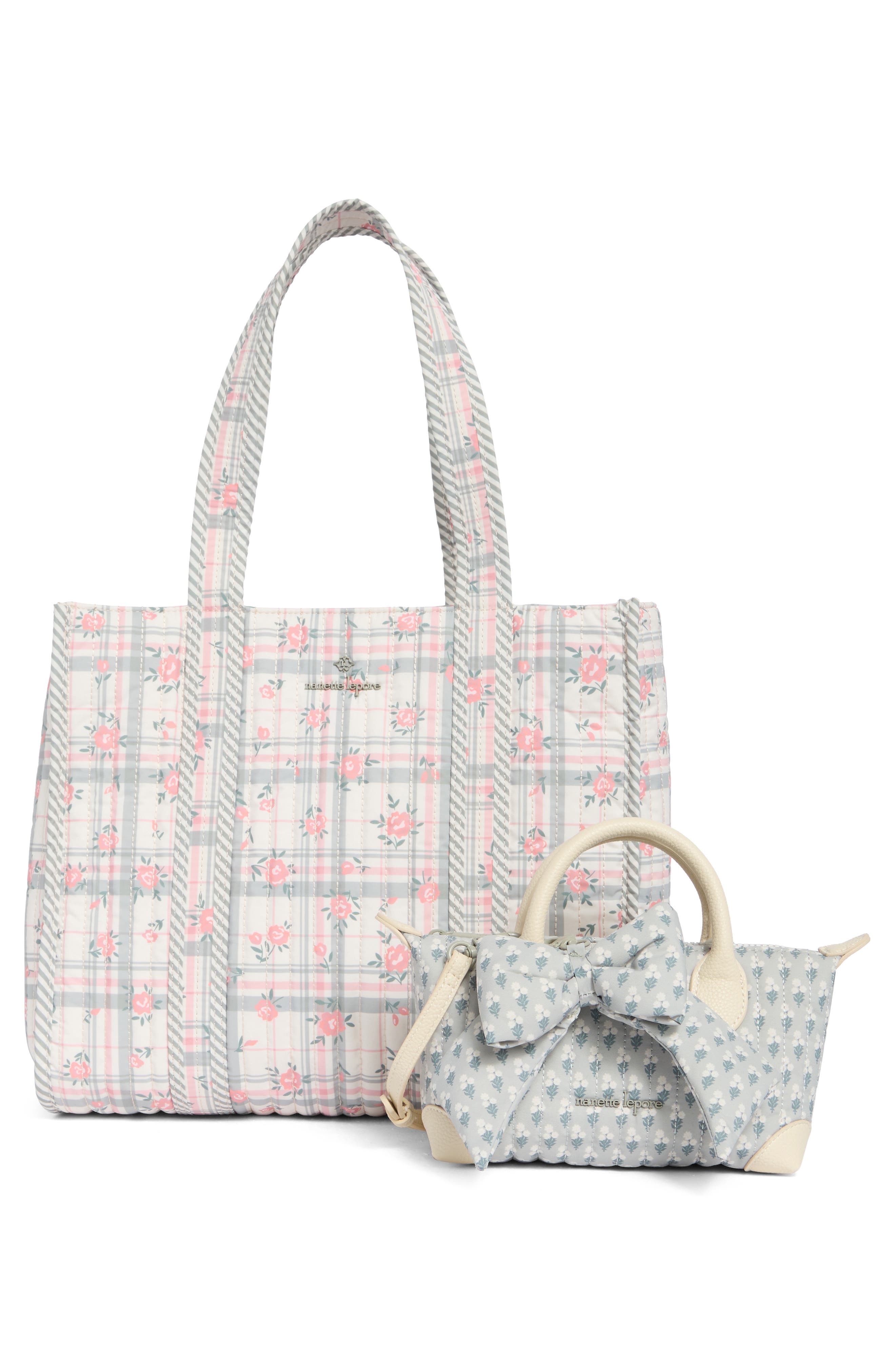 Nanette Lepore Floral Quilted Tote with Bear Charm & Crossbody Bag, Alternate, color, Dusky Pine Plaid Block Floral