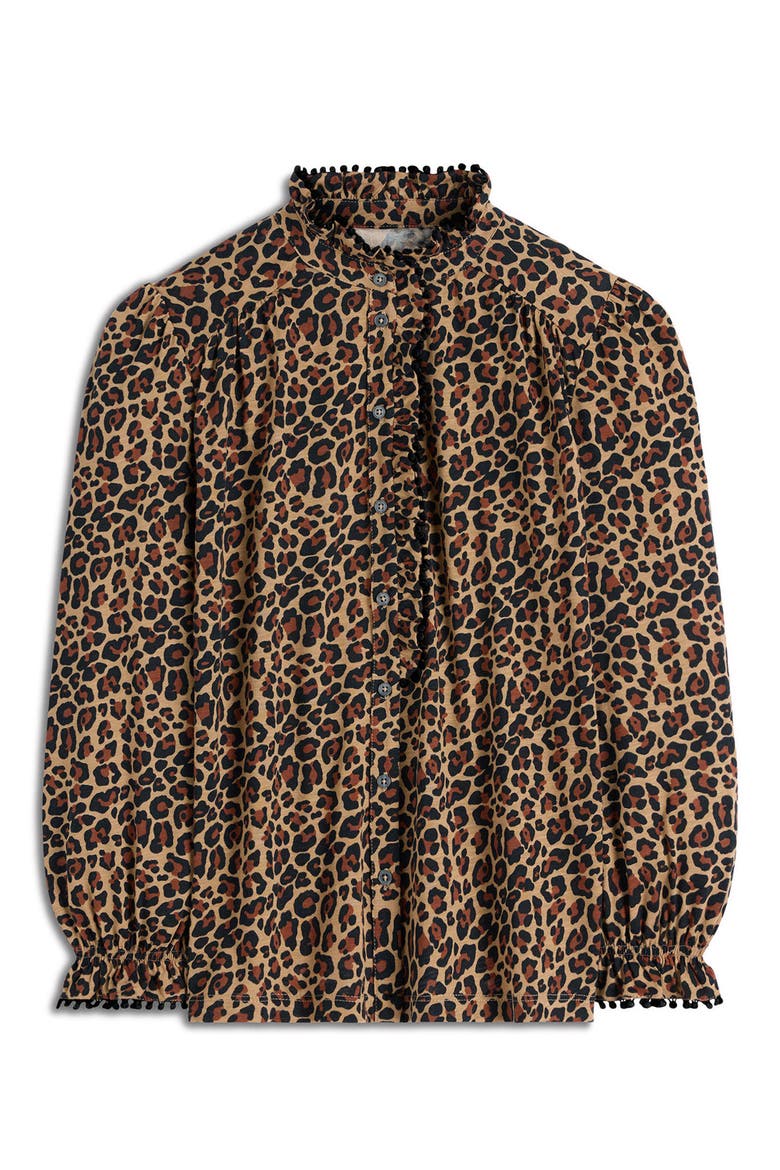 Emily Pom Detail Ruffle Shirt, Alternate, color, CAMEL, CHEETAH POP