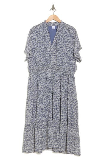 Shop Melrose And Market Tiered Midi Dress In Blue- Ivory Sketch Blossom