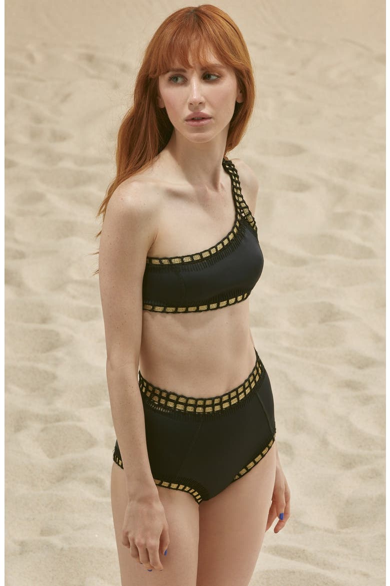 'ChaCha' One-Shoulder Bikini Top, Alternate, color, BLACK/ GOLD