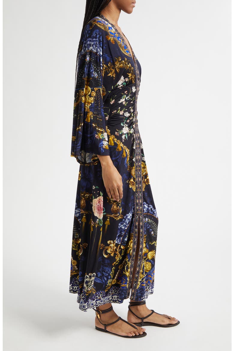 Beaded Print Long Sleeve Ruched Silk Midi Dress, Alternate, color, NOTES FROM THE BLUE ROOM